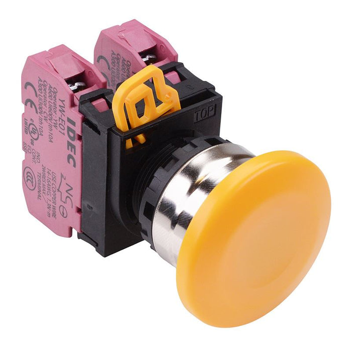 YW4B-M4E02Y Yellow 22mm Metal Bezel Mushroom Momentary Push Button Switch 2NC IP65 IDEC