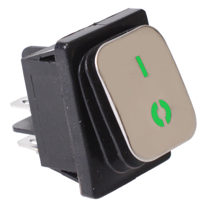 Green illuminated 230V Stainless Steel Rectangle Rocker Switch DPST