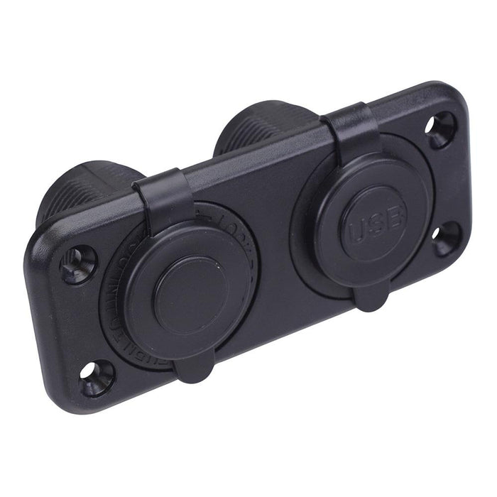 Dual USB-A + Cigarette Lighter Socket Panel Mount 12V/24V A13-142194BPD-BB3