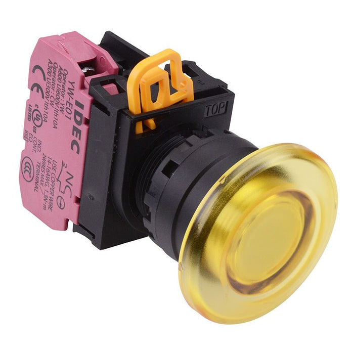 YW1L-M4E01Q3Y Yellow 12V illuminated 22mm Mushroom Momentary Push Button Switch NC IP65 IDEC