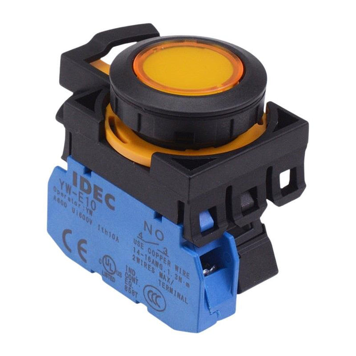IDEC CW Series Yellow 12V illuminated Maintained Flush Push Button Switch 1NO IP65