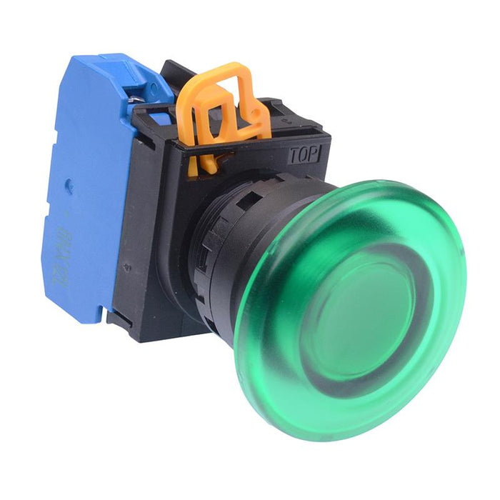 IDEC Green 24V illuminated 22mm Mushroom Momentary Push Button Switch NO IP65 YW1L-M4E10Q4G