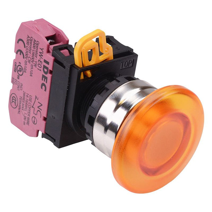 YW4L-M4E01Q0A Amber 22mm Metal Bezel Mushroom Momentary Push Button Switch NC IP65 IDEC