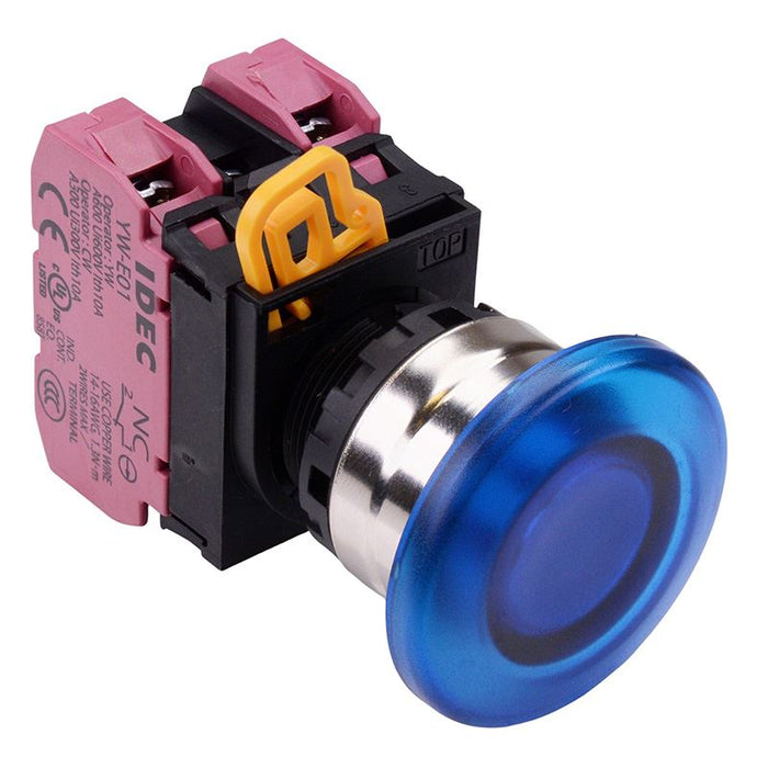 YW4L-M4E02Q3S Blue 12V illuminated 22mm Metal Bezel Mushroom Momentary Push Button Switch 2NC IP65 IDEC