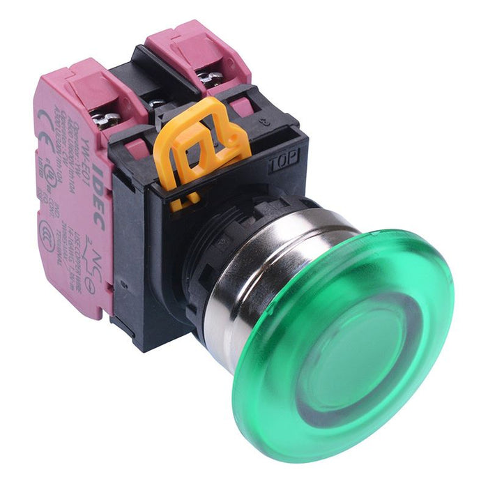 YW4L-A4E02Q3G Green 12V illuminated 22mm Metal Bezel Mushroom Maintained Push Button Switch 2NC IP65 IDEC