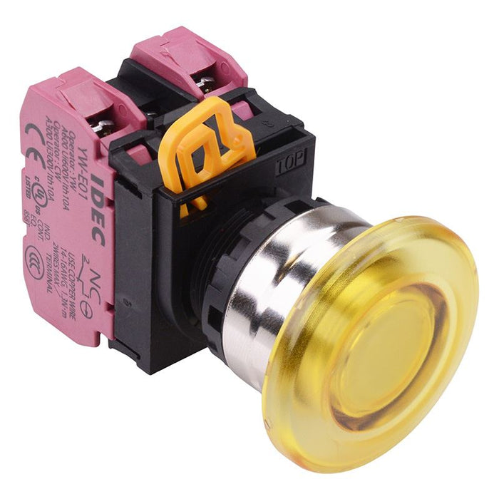 YW4L-M4E02Q4Y Yellow 24V illuminated 22mm Metal Bezel Mushroom Momentary Push Button Switch 2NC IP65 IDEC
