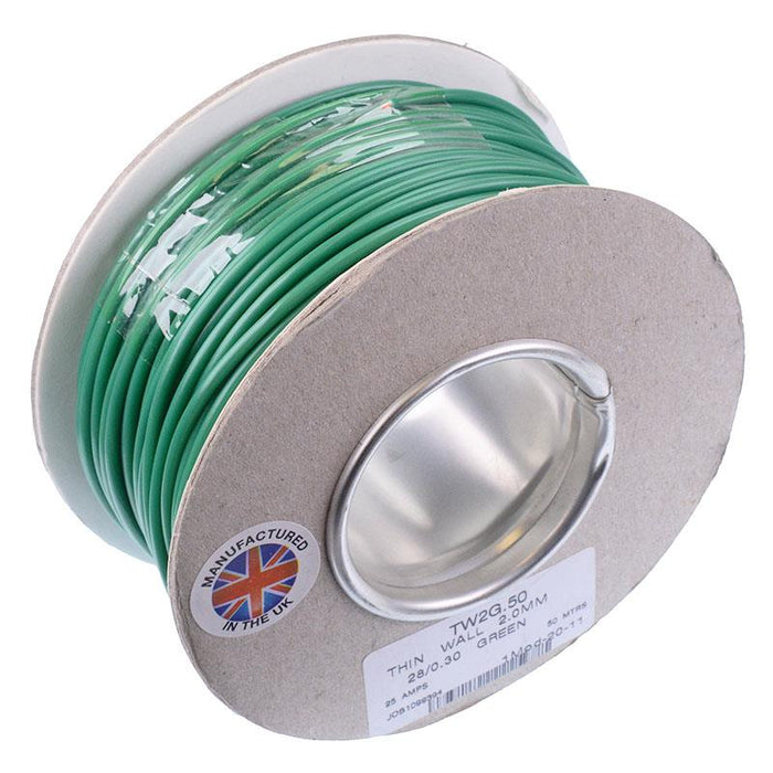 Green 2mm Thin Wall Cable 28/0.3mm 50M Reel 25A