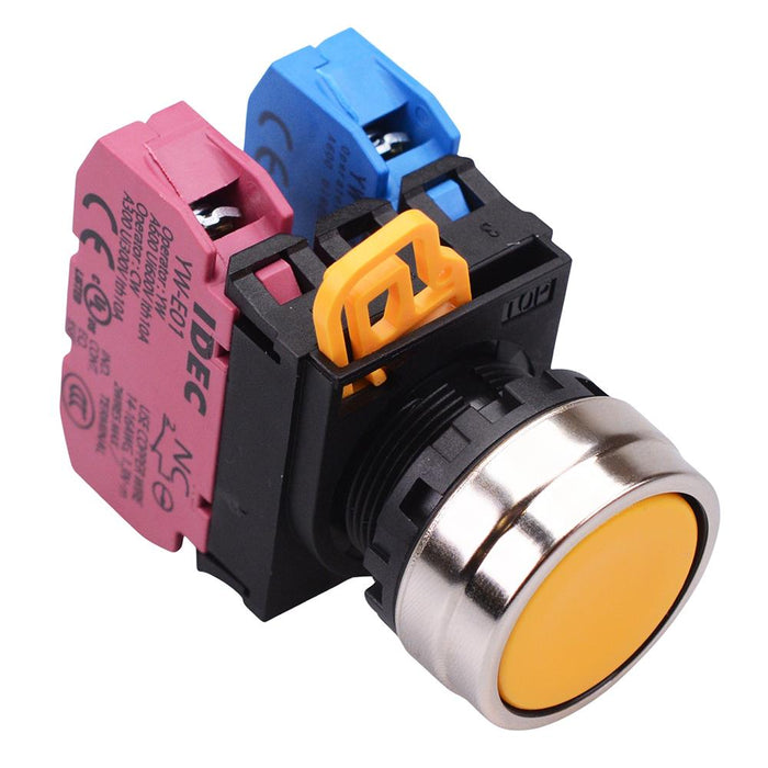 YW4B-M1E11Y Yellow 22mm Metal Bezel Momentary Push Button Switch 1NO-1NC IP65 IDEC