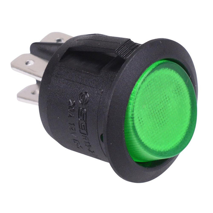Green 12V illuminated On-Off 20mm Round Rocker Switch DPST 20A R13-244B-02