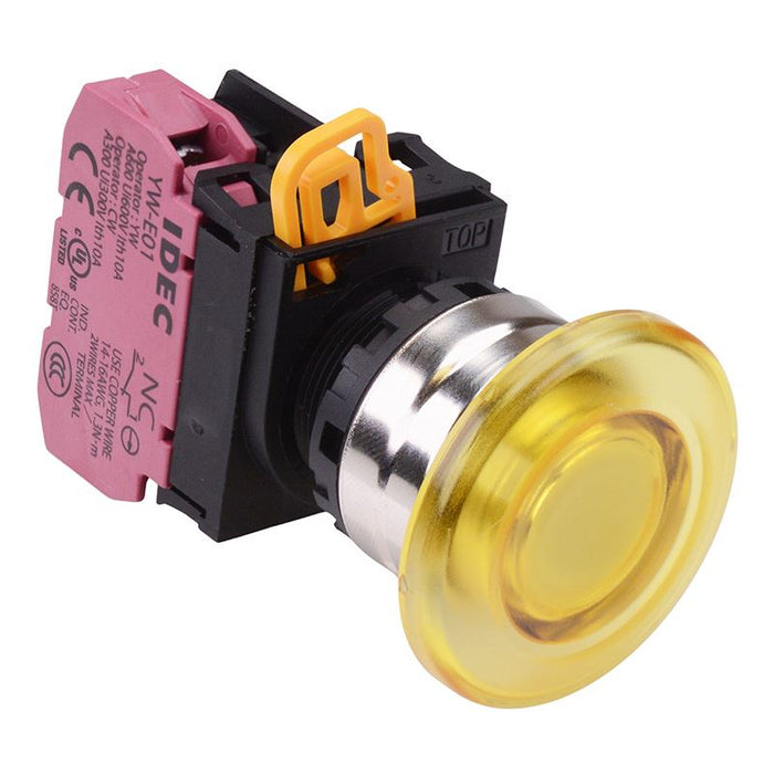 YW4L-M4E01Q3Y Yellow 12V illuminated 22mm Metal Bezel Mushroom Momentary Push Button Switch NC IP65 IDEC