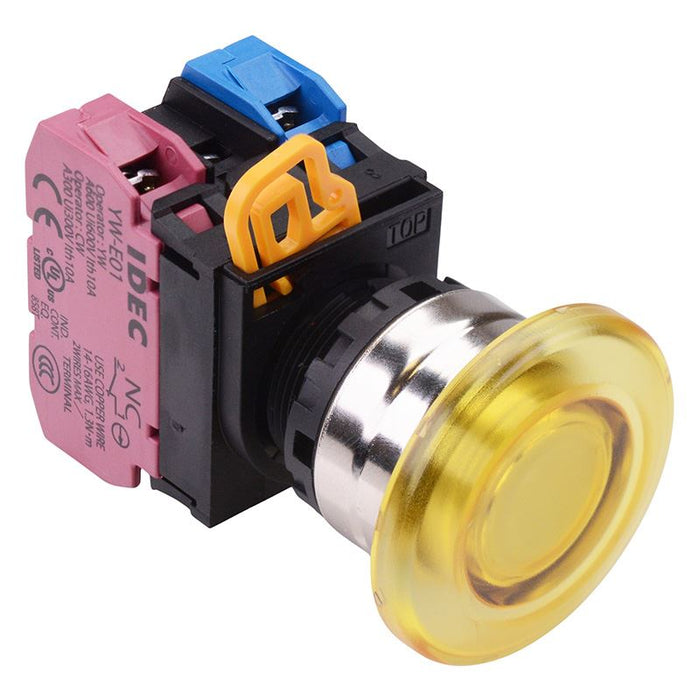 YW4L-A4E11Q3Y Yellow 12V illuminated 22mm Metal Bezel Mushroom Maintained Push Button Switch 1NO-1NC IP65 IDEC