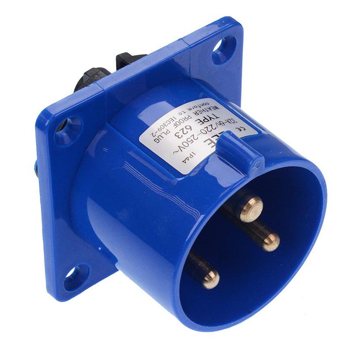 Blue 32A 230V 2P+E Industrial Panel Mount Plug IP44