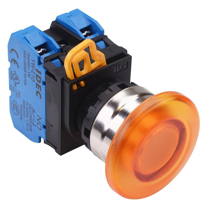 YW4L-A4E02Q3A Amber 12V illuminated 22mm Metal Bezel Mushroom Maintained Push Button Switch 2NC IP65 IDEC