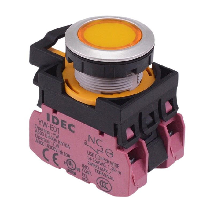 IDEC CW Series Yellow 24V illuminated Metallic Maintained Flush Push Button Switch 2NC IP65