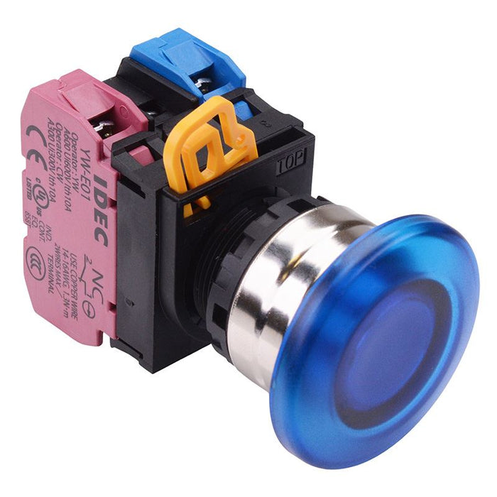 YW4L-A4E11Q3S Blue 12V illuminated 22mm Metal Bezel Mushroom Maintained Push Button Switch 1NO-1NC IP65 IDEC