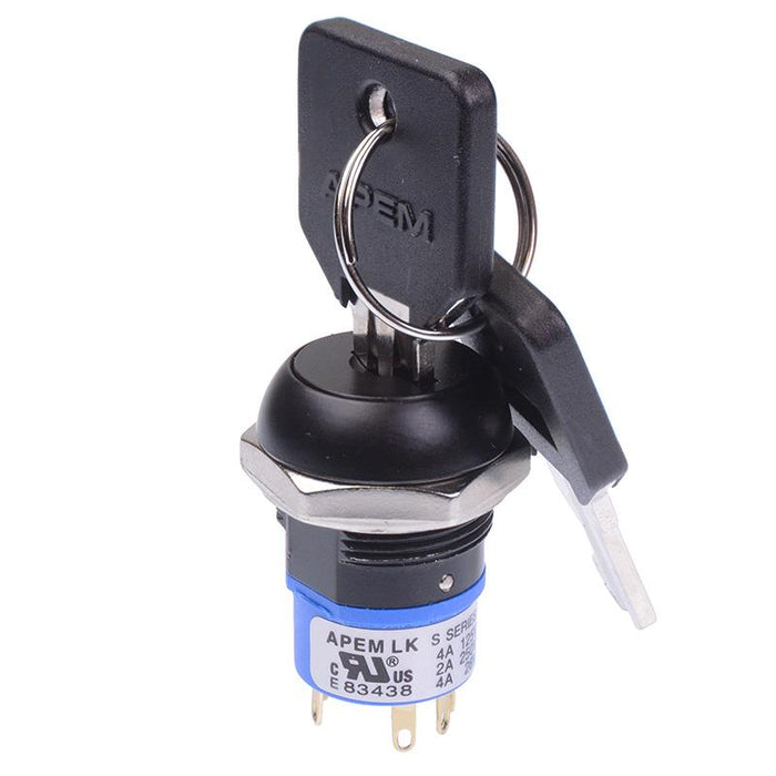 Black On-On 2 Way 19mm Key Switch DPDT 4A LK6SGB126M3