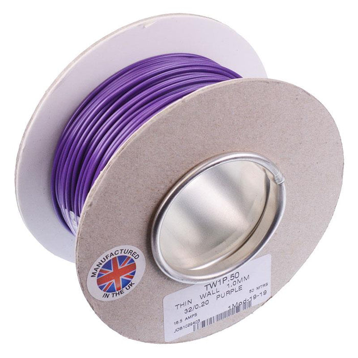 Purple 1mm Thin Wall Cable 32/0.2mm 50M Reel 16.5A