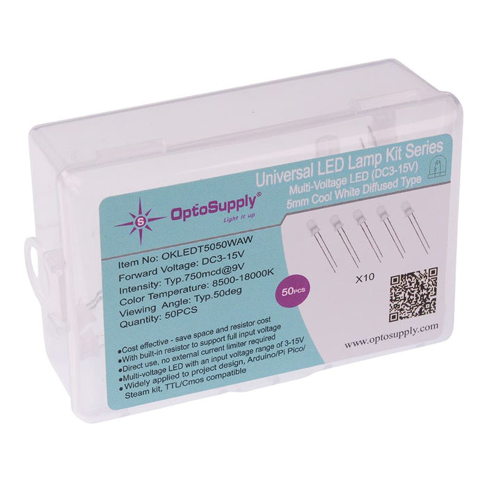 Cool White 5mm Multi-Voltage (3-15V) LED Kit - Box of 50
