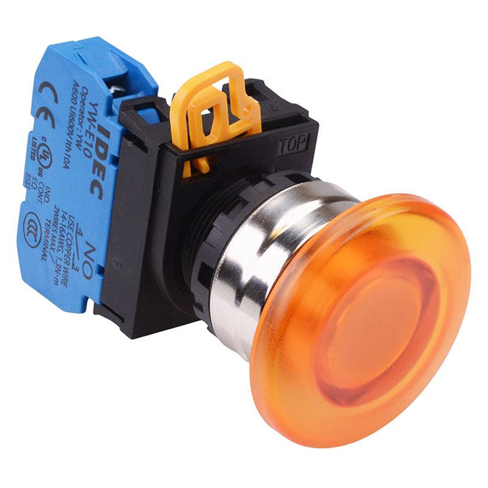 YW4L-M4E10Q0A Amber 22mm Metal Bezel Mushroom Momentary Push Button Switch NO IP65 IDEC