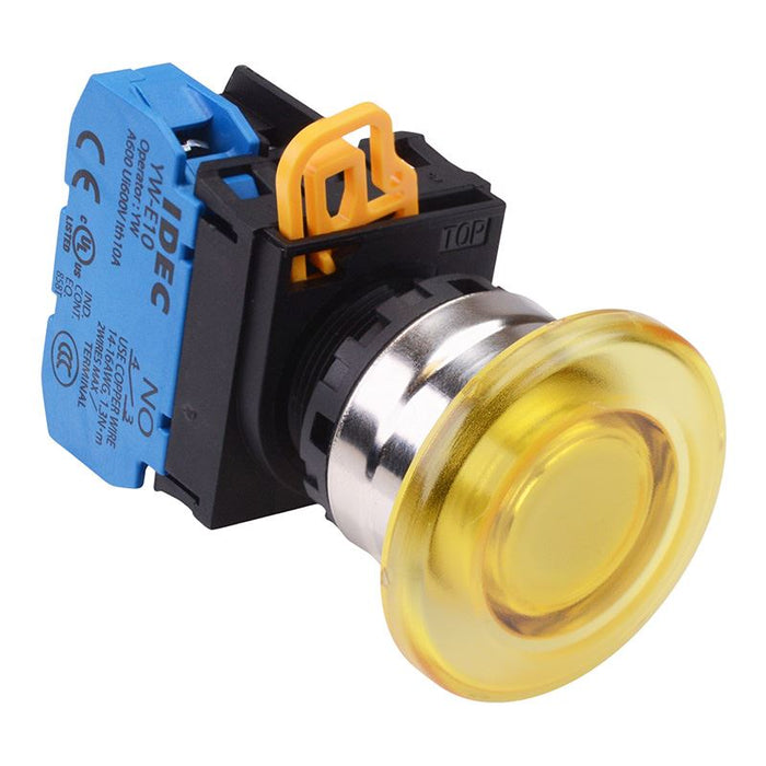 YW4L-A4E10Q4Y Yellow 24V illuminated 22mm Metal Bezel Mushroom Maintained Push Button Switch NO IP65 IDEC