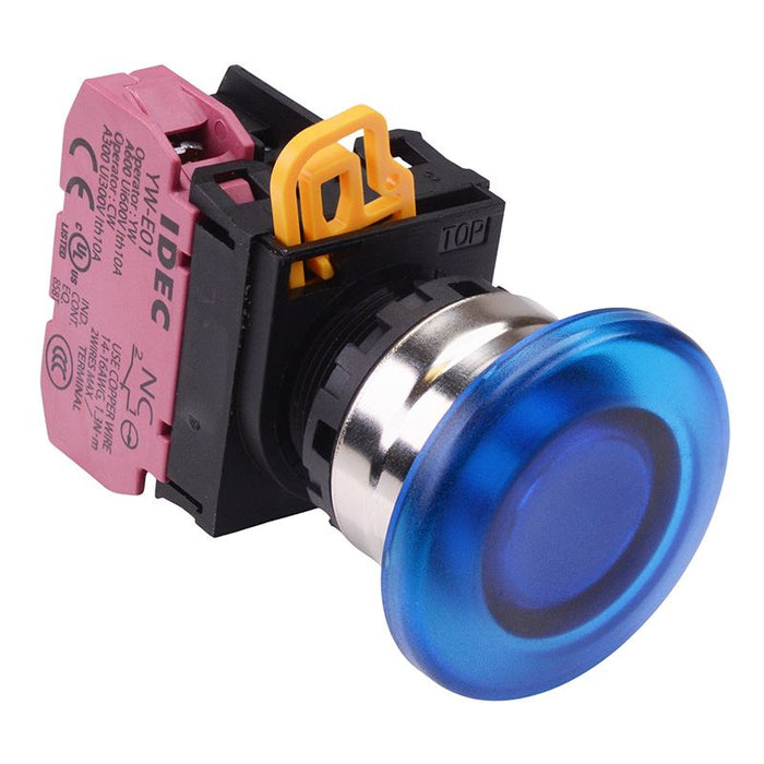 YW4L-M4E01Q4S Blue 24V illuminated 22mm Metal Bezel Mushroom Momentary Push Button Switch NC IP65 IDEC