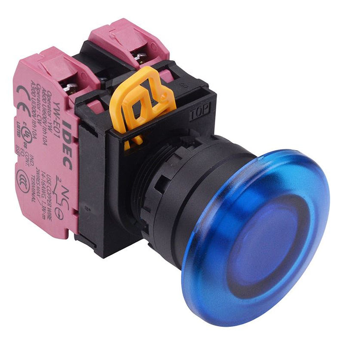 YW1L-A4E02Q4S Blue 24V illuminated 22mm Mushroom Maintained Push Button Switch 2NC IP65 IDEC