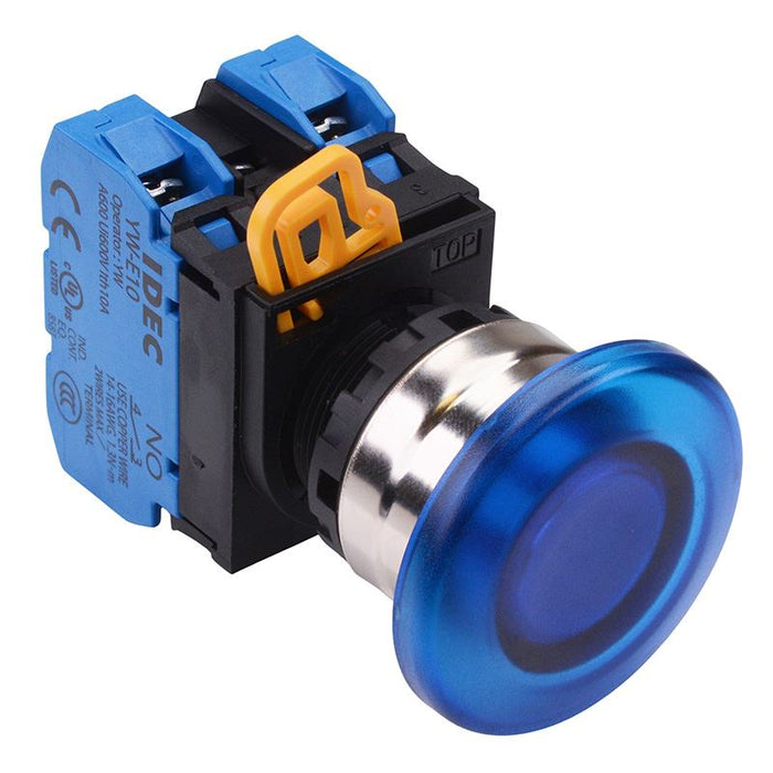YW4L-A4E20Q4S Blue 24V illuminated 22mm Metal Bezel Mushroom Maintained Push Button Switch 2NO IP65 IDEC