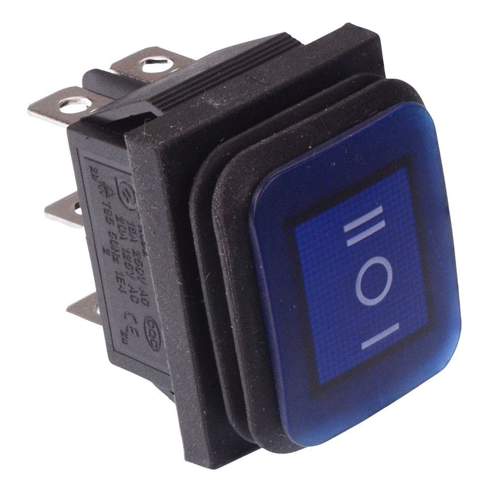 Blue Illuminated On-Off-On Waterproof Rocker Switch 20A DPDT IP67