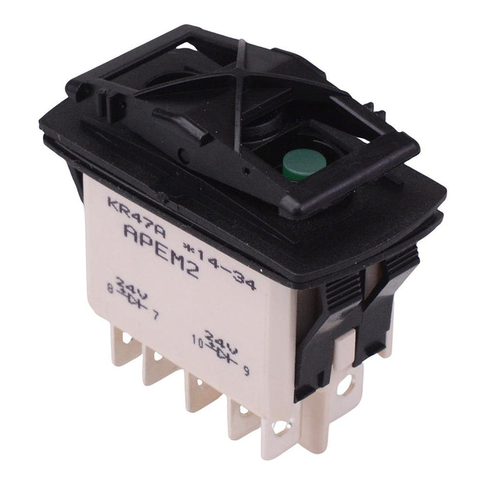 KR47CAKKKG (On)-Off-(On) Auto Rocker Switch Green 12V illuminated DPDT IP68