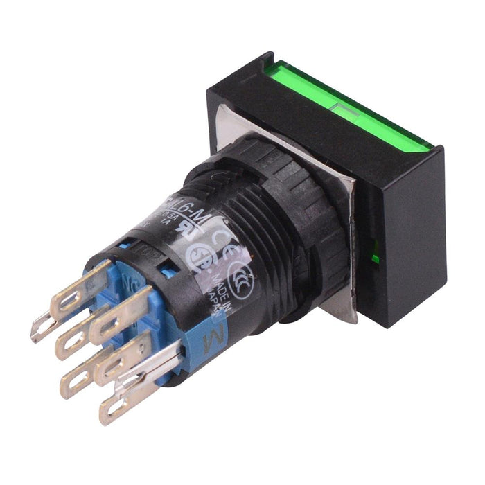 AL6H-A21PG Green 16mm 5VDC Latching Rectangle illuminated Push Button Switch IP65 DPDT