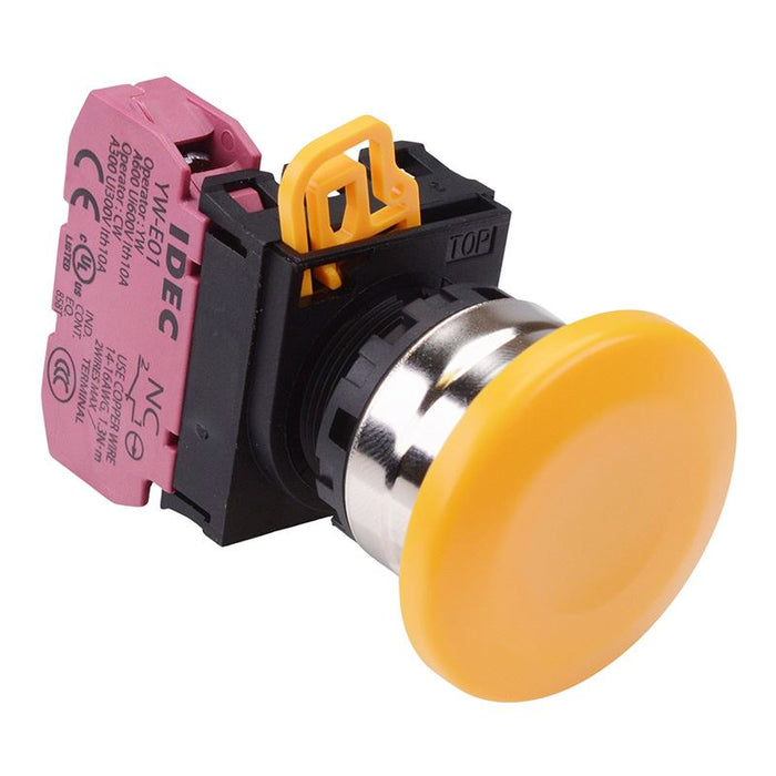 IDEC Yellow 22mm Metal Bezel Mushroom Maintained Push Button Switch NC IP65 YW4B-A4E01Y