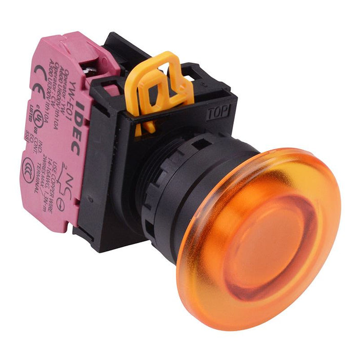 IDEC Amber 24V illuminated 22mm Mushroom Maintained Push Button Switch NC IP65 YW1L-A4E01Q4A