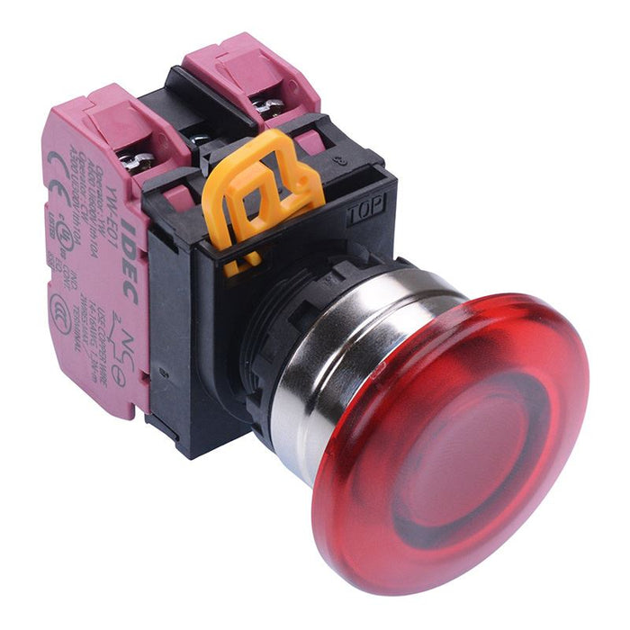 YW4L-A4E02Q3R Red 12V illuminated 22mm Metal Bezel Mushroom Maintained Push Button Switch 2NC IP65 IDEC