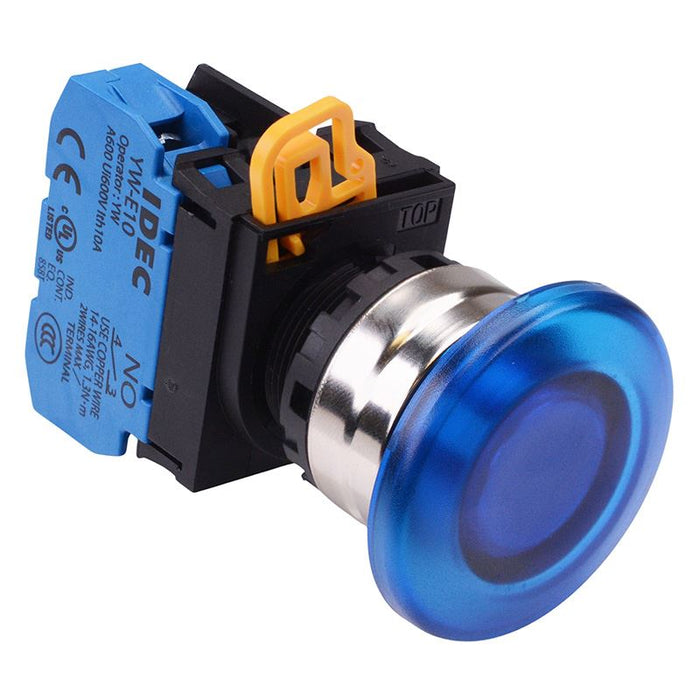 YW4L-M4E10Q4S Blue 24V illuminated 22mm Metal Bezel Mushroom Momentary Push Button Switch NO IP65 IDEC