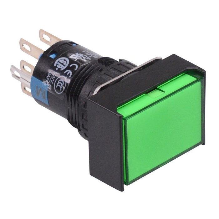 AL6H-M23PG Green 16mm 12V Momentary Rectangle illuminated Push Button Switch IP65 DPDT