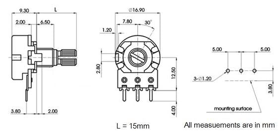 1K 16mm Logarithmic Splined Potentiometer
