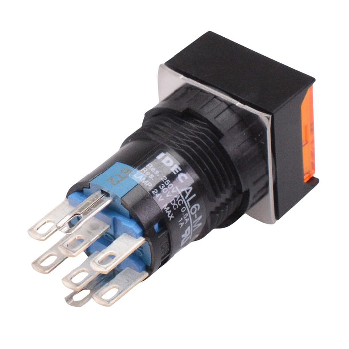 AL6Q-A21PA Amber 16mm 5VDC Latching Square illuminated Push Button Switch IP65 DPDT