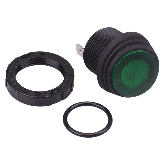 Green illuminated 230V Waterproof Round 20mm Rocker Switch IP68 SPST 16A