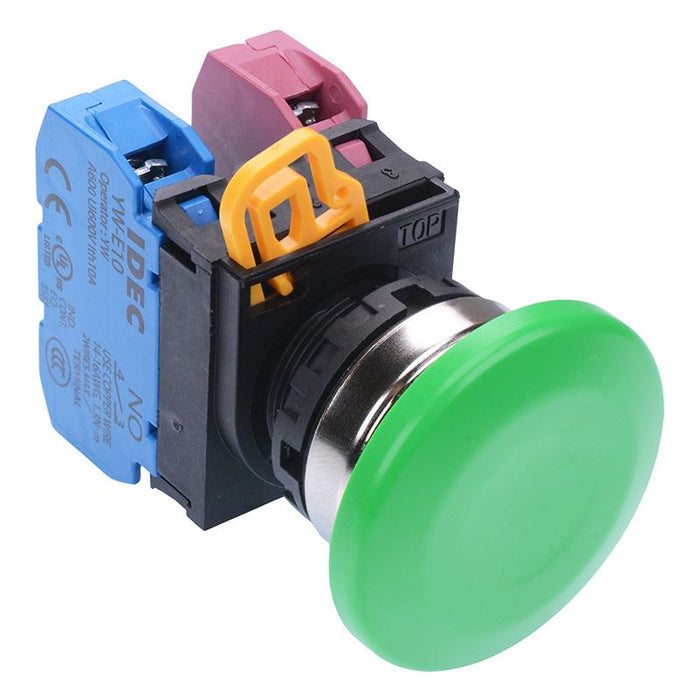 YW4B-M4E11G Green 22mm Metal Bezel Mushroom Momentary Push Button Switch 1NO-1NC IP65 IDEC
