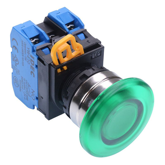 YW4L-M4E20Q3G Green 12V illuminated 22mm Metal Bezel Mushroom Momentary Push Button Switch 2NO IP65 IDEC