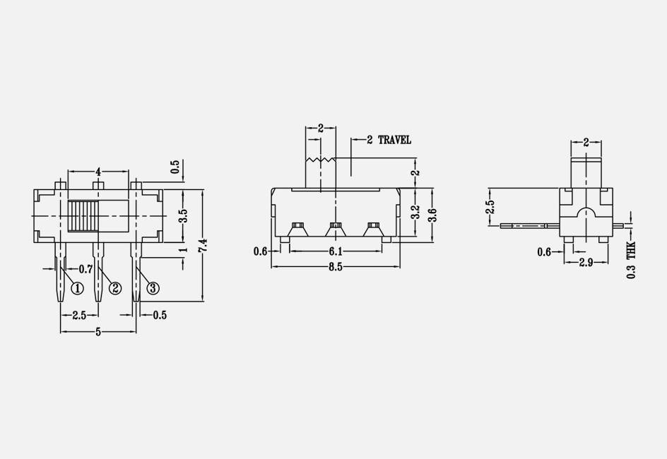 On-On Mini Horizontal PCB Slide Switch SPDT