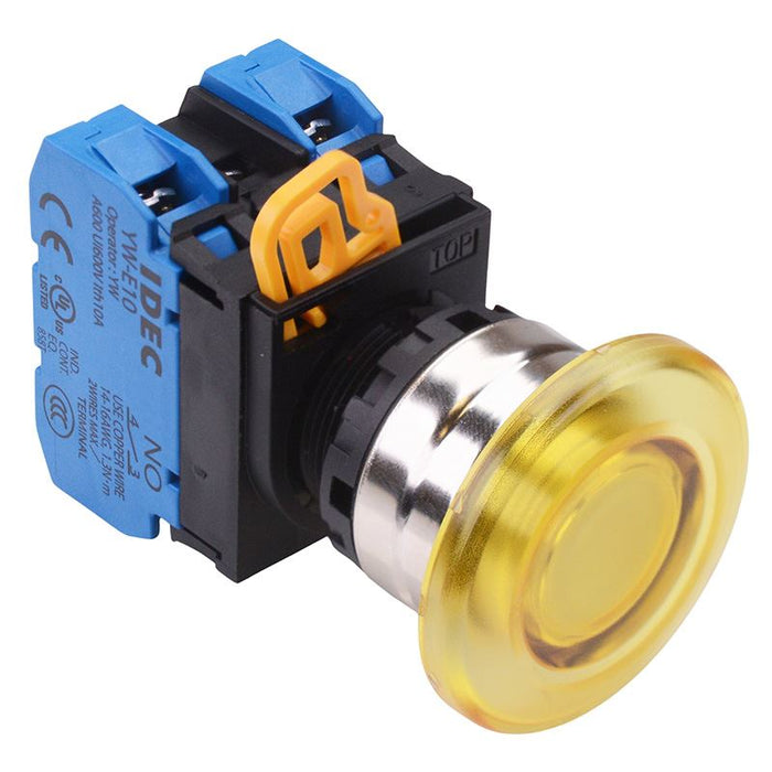 YW4L-A4E20Q4Y Yellow 24V illuminated 22mm Metal Bezel Mushroom Maintained Push Button Switch 2NO IP65 IDEC