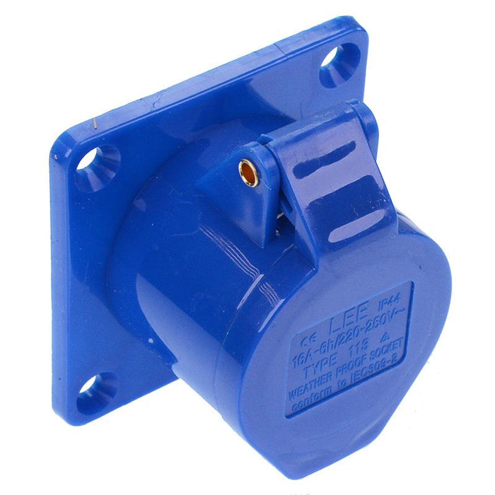 Blue 16A 230V 2P+E Industrial Panel Mount Socket IP44