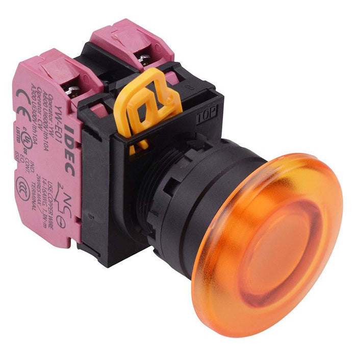 YW1L-A4E02Q4A Amber 24V illuminated 22mm Mushroom Maintained Push Button Switch 2NC IP65 IDEC