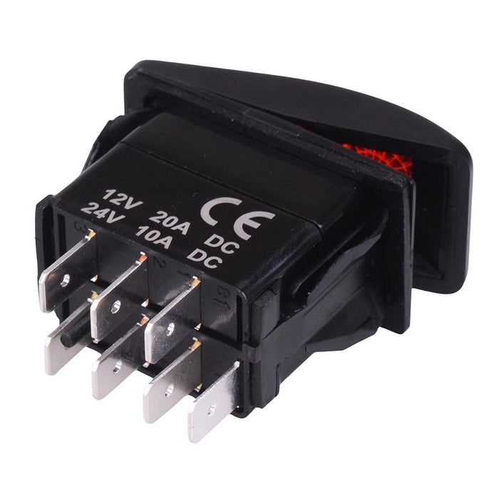 Red illuminated On-Off-On Automotive Rocker Switch DPDT 10A 12-24V IP68