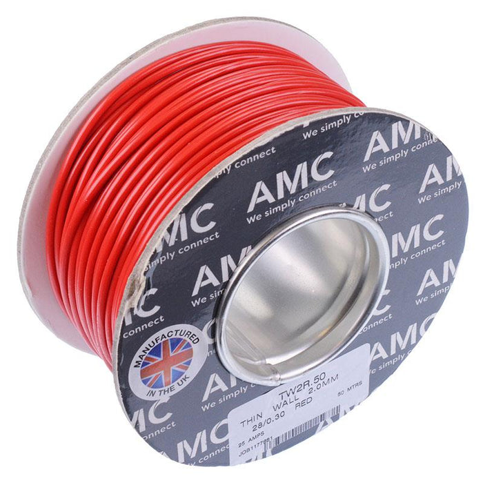 Red 2mm Thin Wall Cable 28/0.3mm 50M Reel 25A