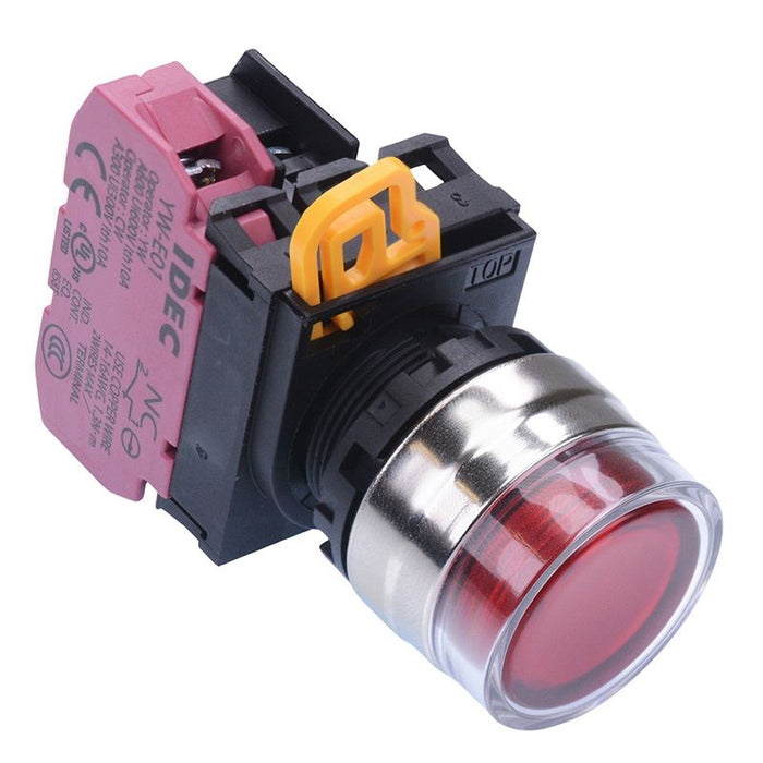 YW4L-AF2E01Q3R Red 12V illuminated 22mm Metal Bezel Maintained Shrouded Push Button Switch NC IP65 IDEC