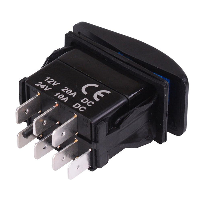 Blue illuminated (On)-Off-(On) Momentary Automotive Rocker Switch DPDT 10A 12-24V