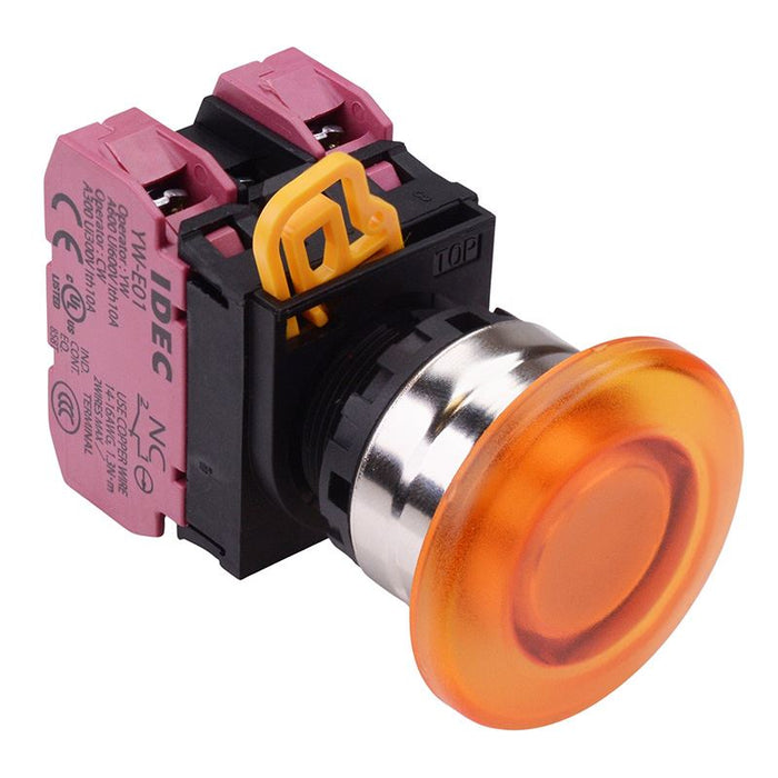 YW4L-A4E02Q4A Amber 24V illuminated 22mm Metal Bezel Mushroom Maintained Push Button Switch 2NC IP65 IDEC
