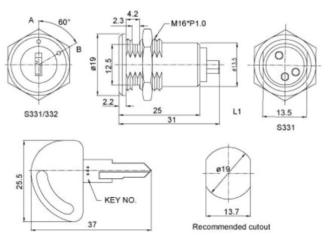 On-Off 16mm Metal Key Switch SPST 1A